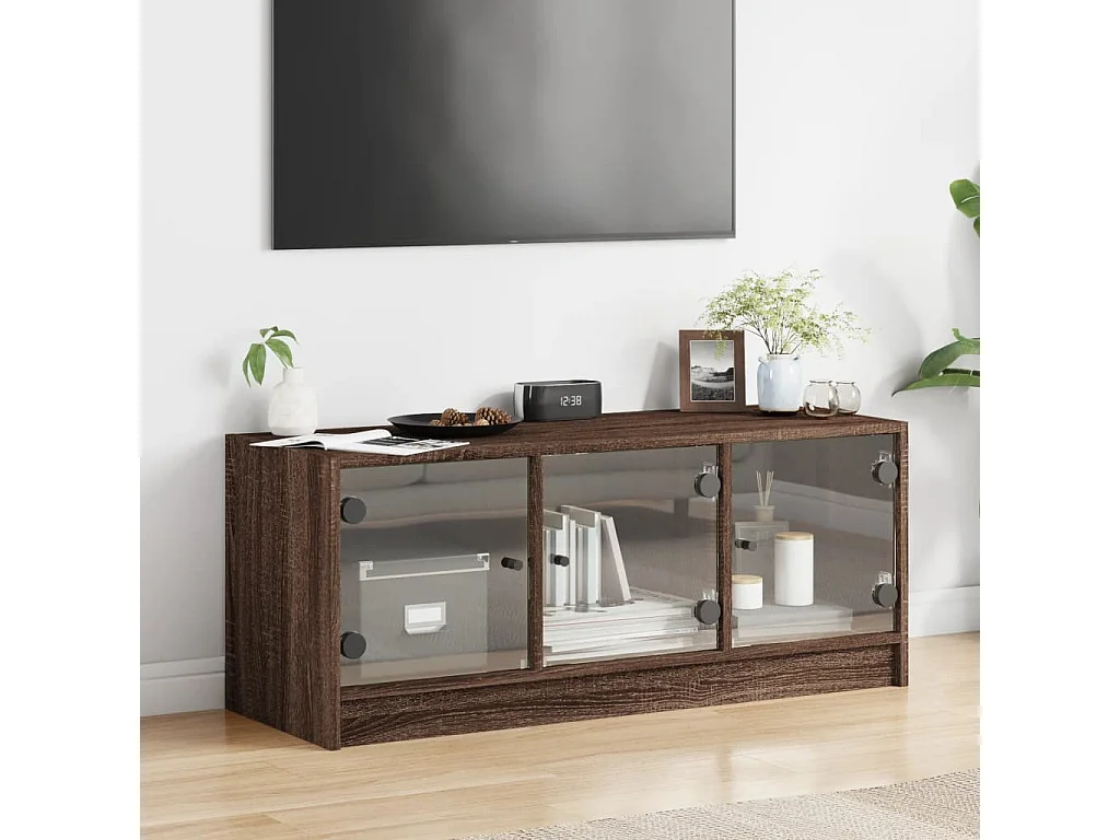Ilgar  Meuble TV avec portes en verre chêne marron 102x37x42 cm
