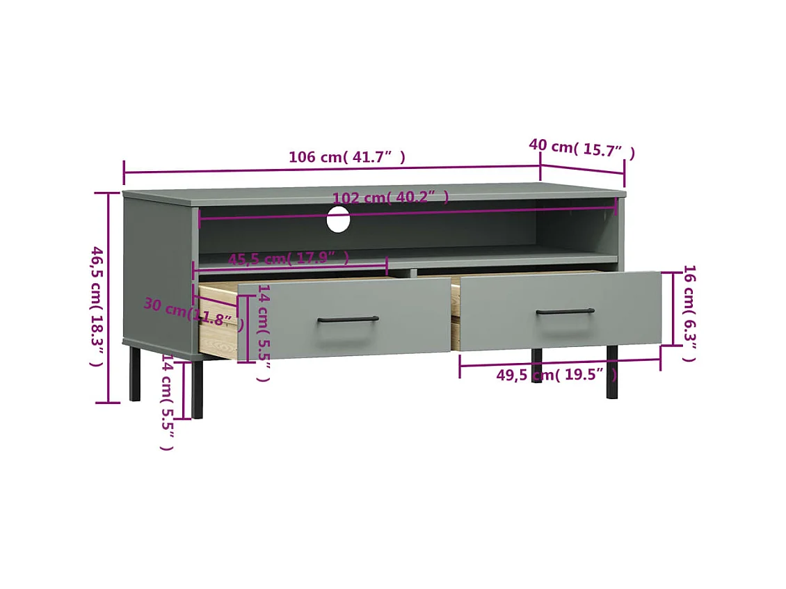 Rilynna  Meuble TV avec pieds en métal Gris Bois de pin massif OSLO