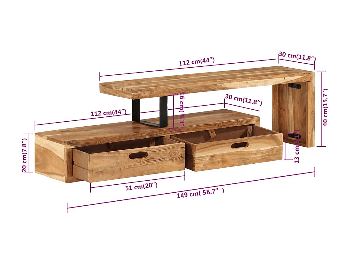 Philippe-René  Meuble TV (118-200) x 30 x 40 cm Bois massif d'acacia