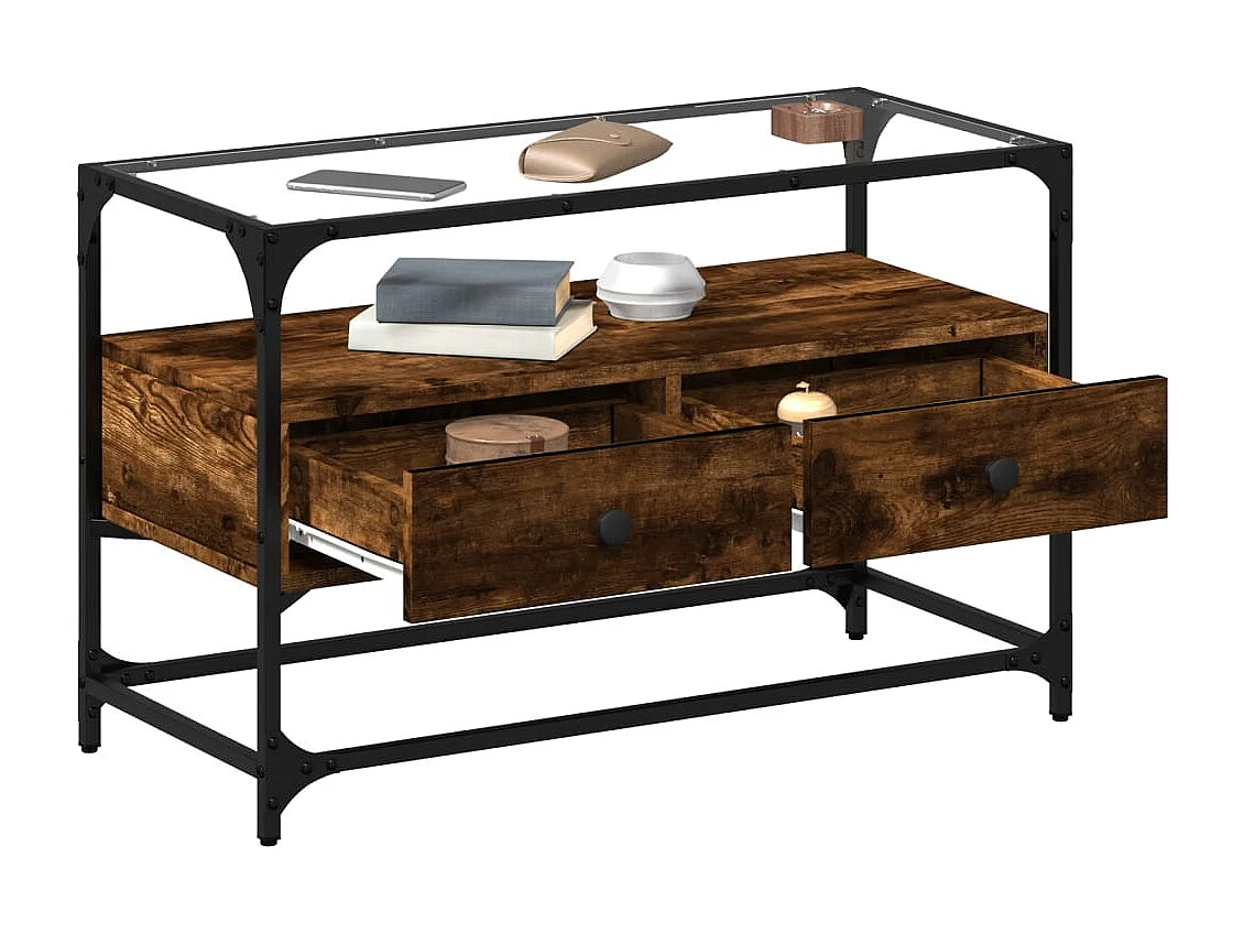 Varel  Mueble TV cristal y madera ingeniería roble ahumado 80x35x51 cm