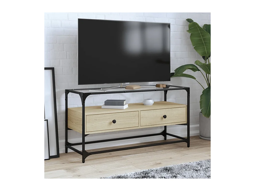 Varel  Mueble TV cristal y madera ingeniería roble Sonoma 98x35x51 cm