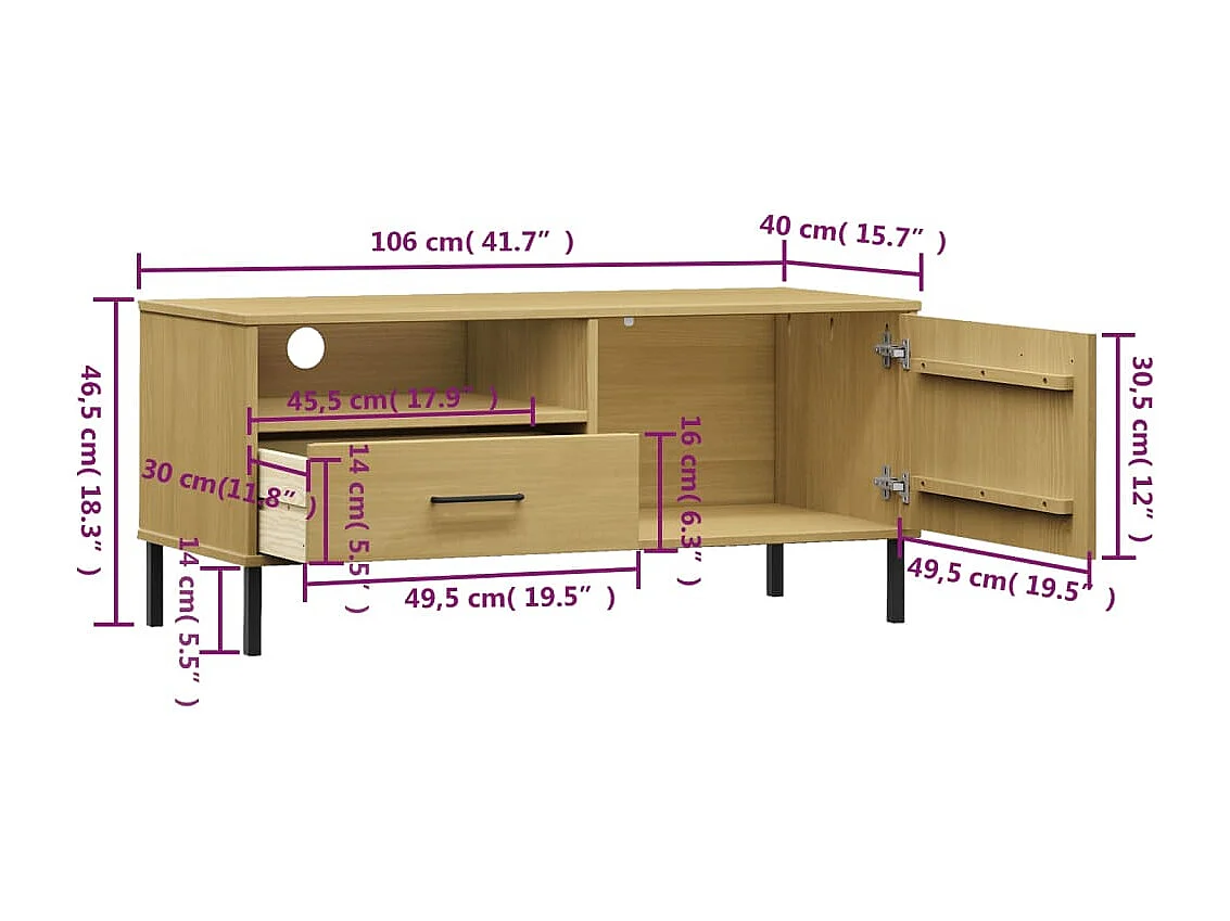 Gylmar  Mueble de TV con patas de metal OSLO madera maciza pino marrón