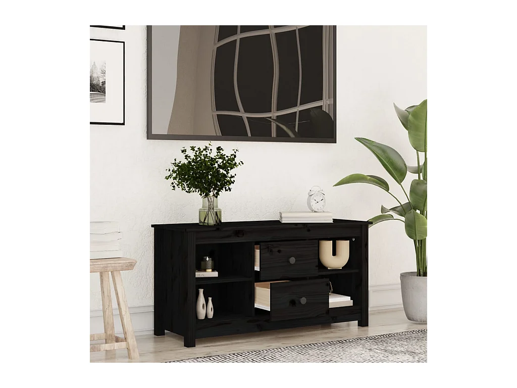 Cordele  Meuble TV Noir 103x36,5x52 cm Bois de pin massif
