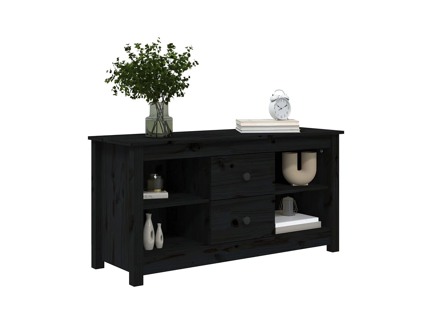 Cordele  Meuble TV Noir 103x36,5x52 cm Bois de pin massif