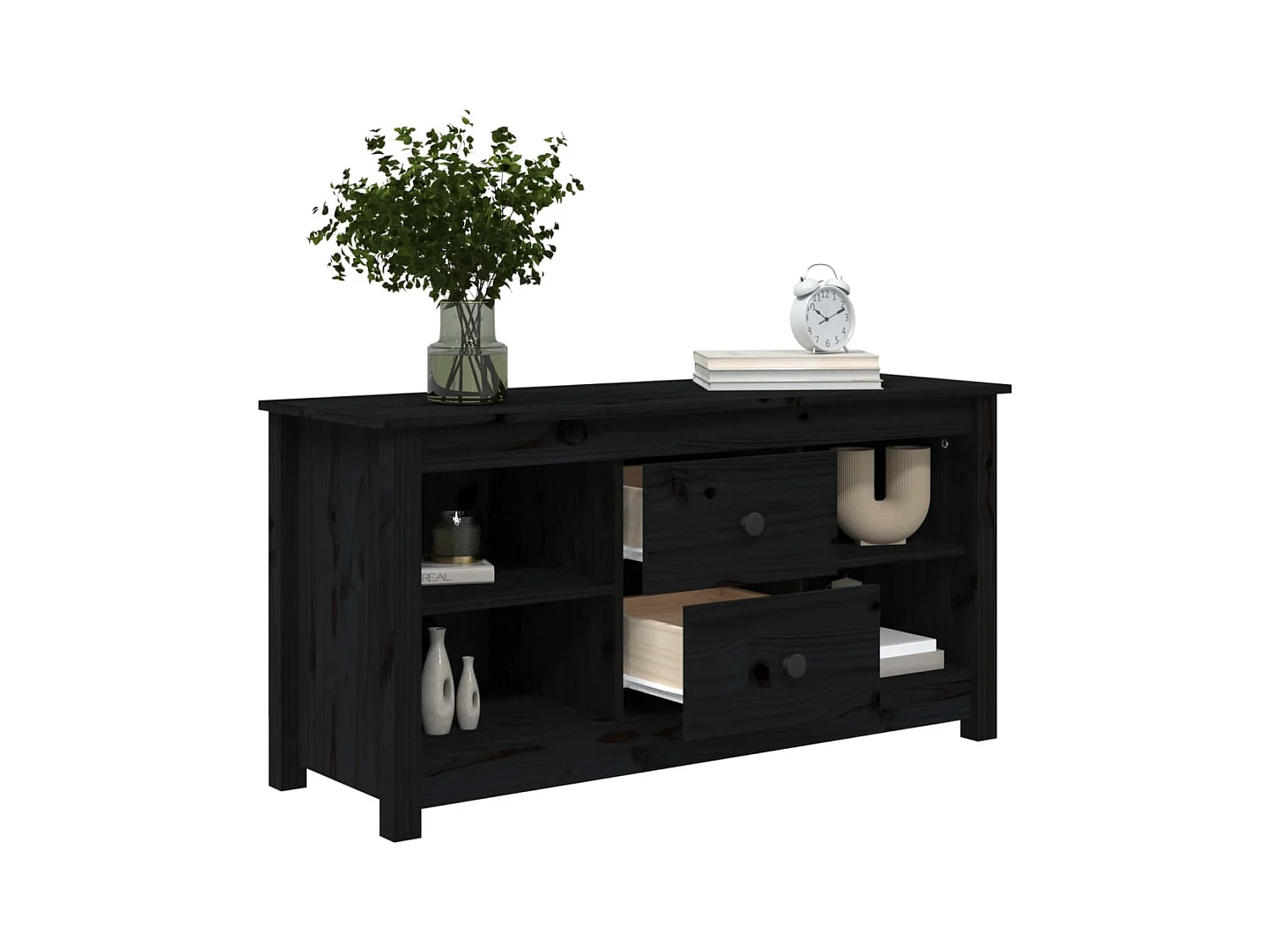 Cordele  Meuble TV Noir 103x36,5x52 cm Bois de pin massif