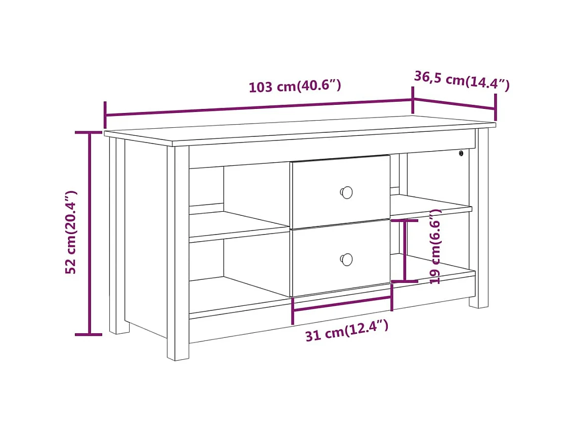 Cordele  Mueble de TV de madera maciza de pino negro 103x36,5x52 cm