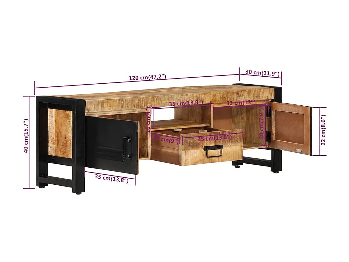 Sophie-Claudine-Marie  Mueble de TV madera maciza de mango 120x30x40 cm