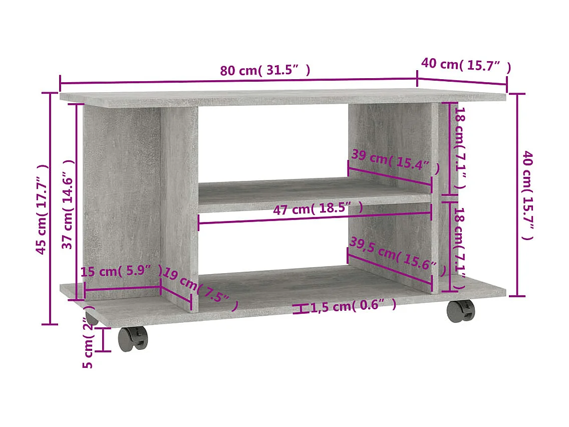 Dahlia  Mueble de TV ruedas madera ingeniería gris hormigón 80x40x45 cm