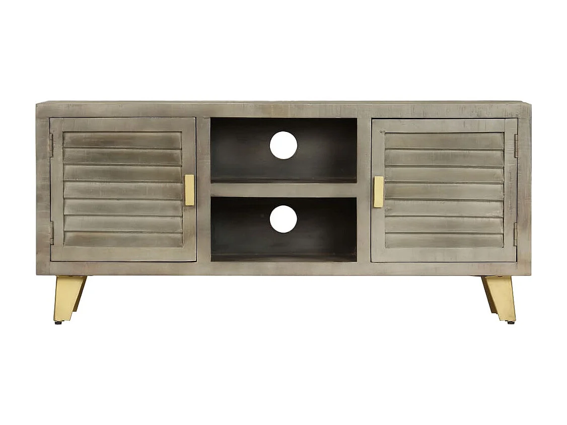 Garden Furniture -  Meuble TV Bois solide de manguier Gris avec laiton 110x30x48 cm
