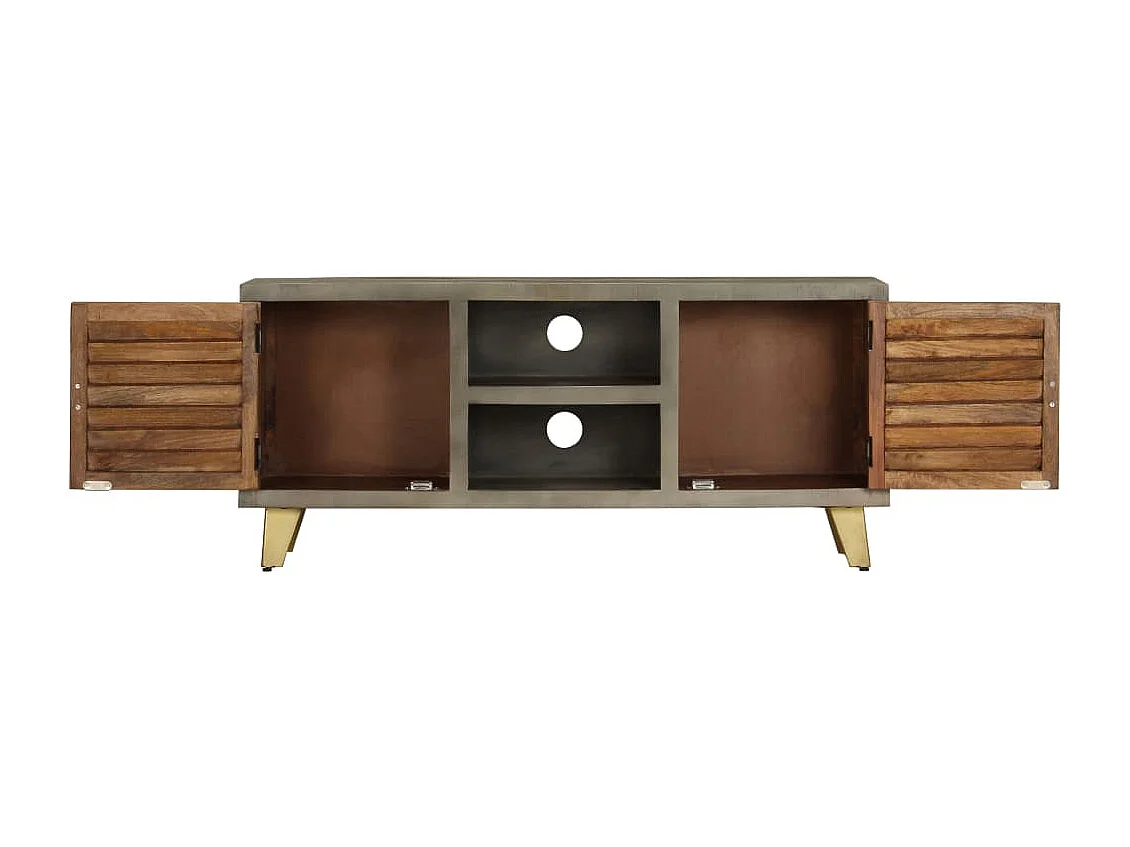 Garden Furniture -  Meuble TV Bois solide de manguier Gris avec laiton 110x30x48 cm