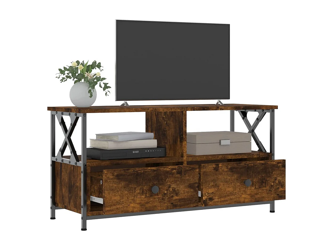 Sophie-Bernadette-Marie  Meuble TV chêne fumé 90x33x45 cm bois d'ingénierie et fer