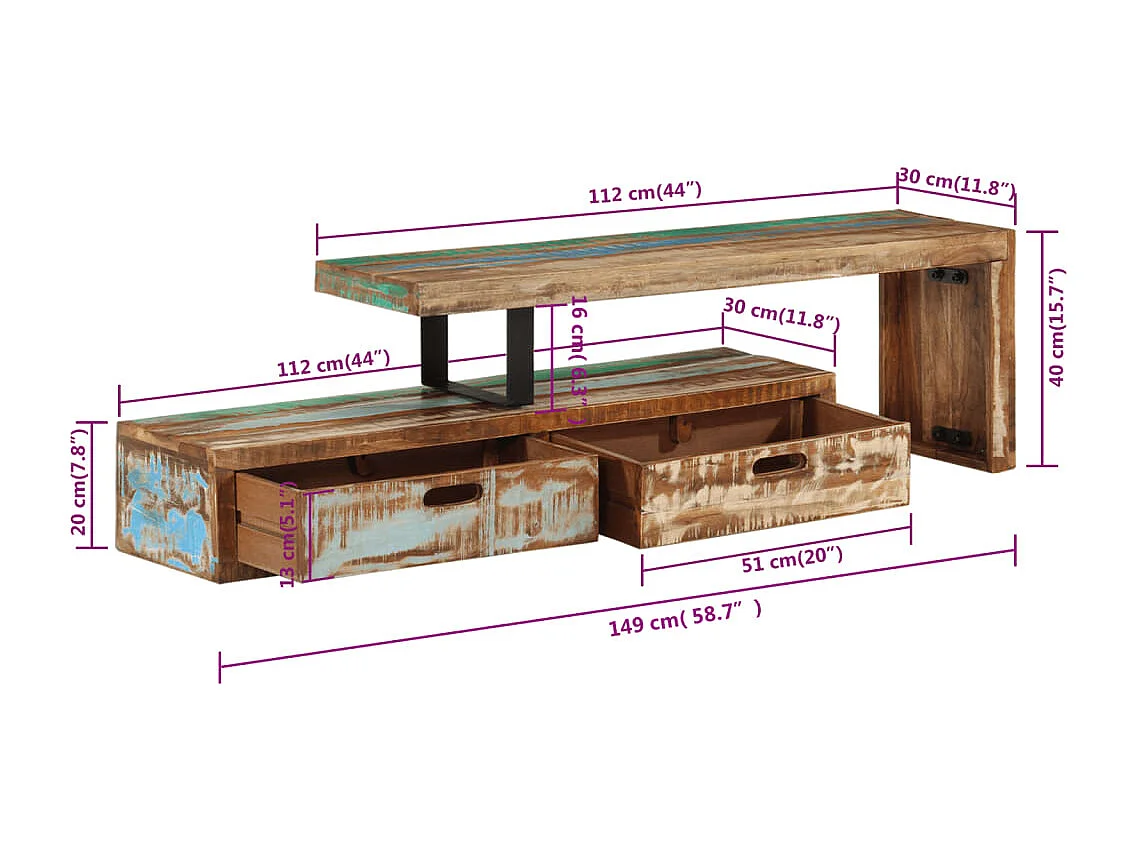 Philippe-René  Tv-meubel (118-200) x 30 x 40 cm massief hout gerecycled