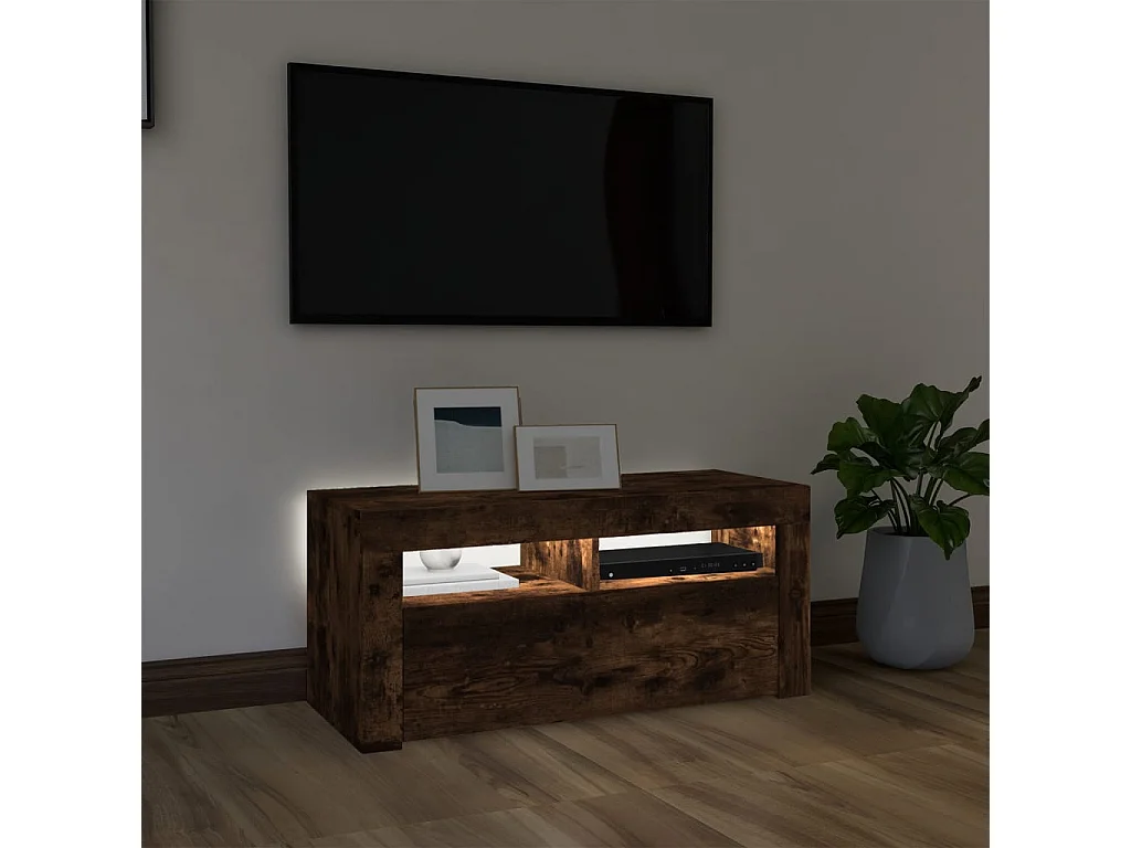 Kristineberg  Mueble de TV con luces LED roble ahumado 90x35x40 cm