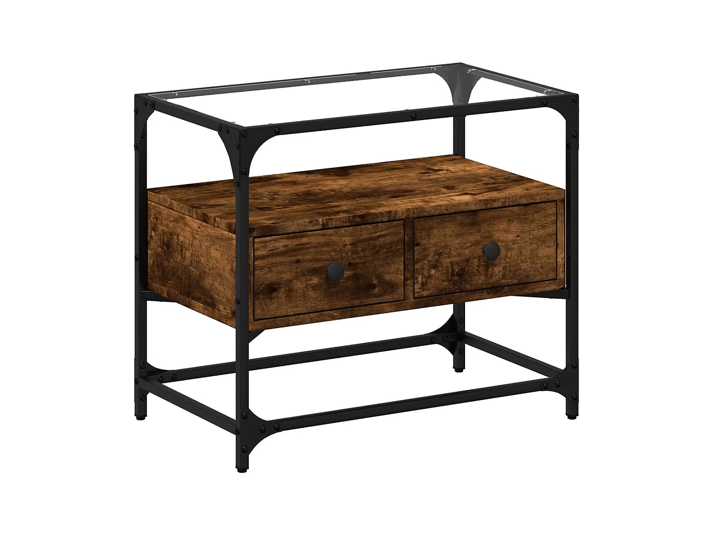 Varel  Meuble TV avec dessus en verre chêne fumé bois d'ingénierie