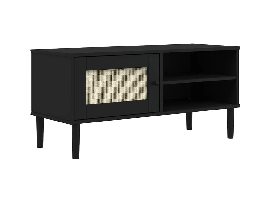Jere  Meuble TV SENJA aspect rotin noir 106x40x49cm bois massif pin