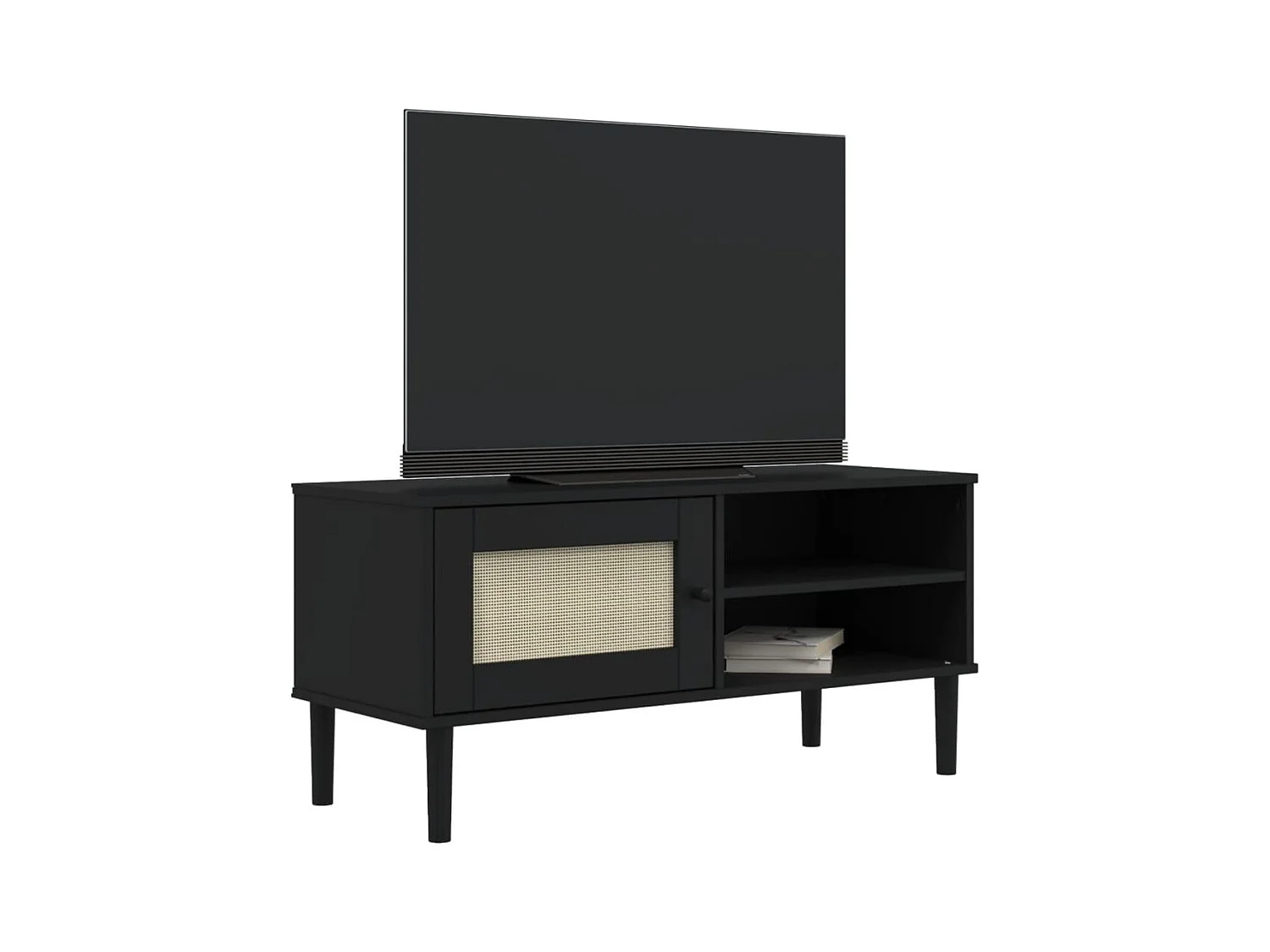 Jere  Mueble de TV SENJA aspecto ratán madera pino negro 106x40x49 cm