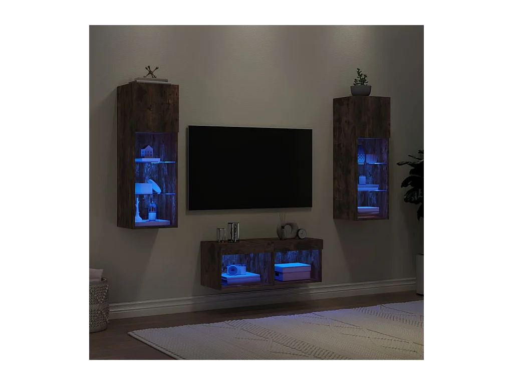 Brisora  Meuble TV muraux 4 pcs avec lumières LED chêne fumé