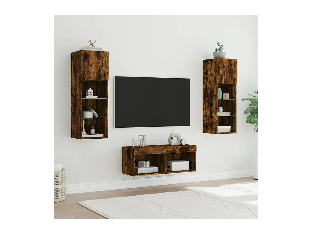 Brisora  Meuble TV muraux 4 pcs avec lumières LED chêne fumé