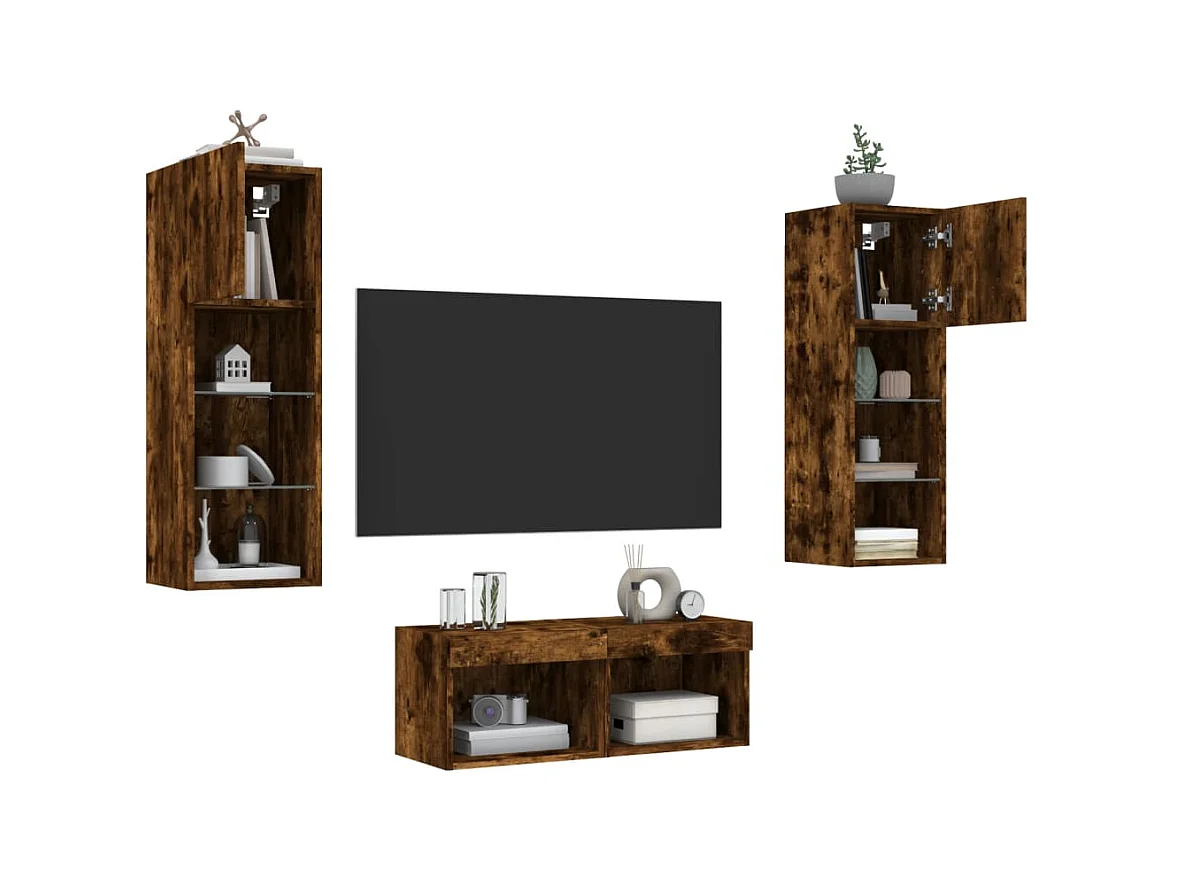 Brisora  Meuble TV muraux 4 pcs avec lumières LED chêne fumé