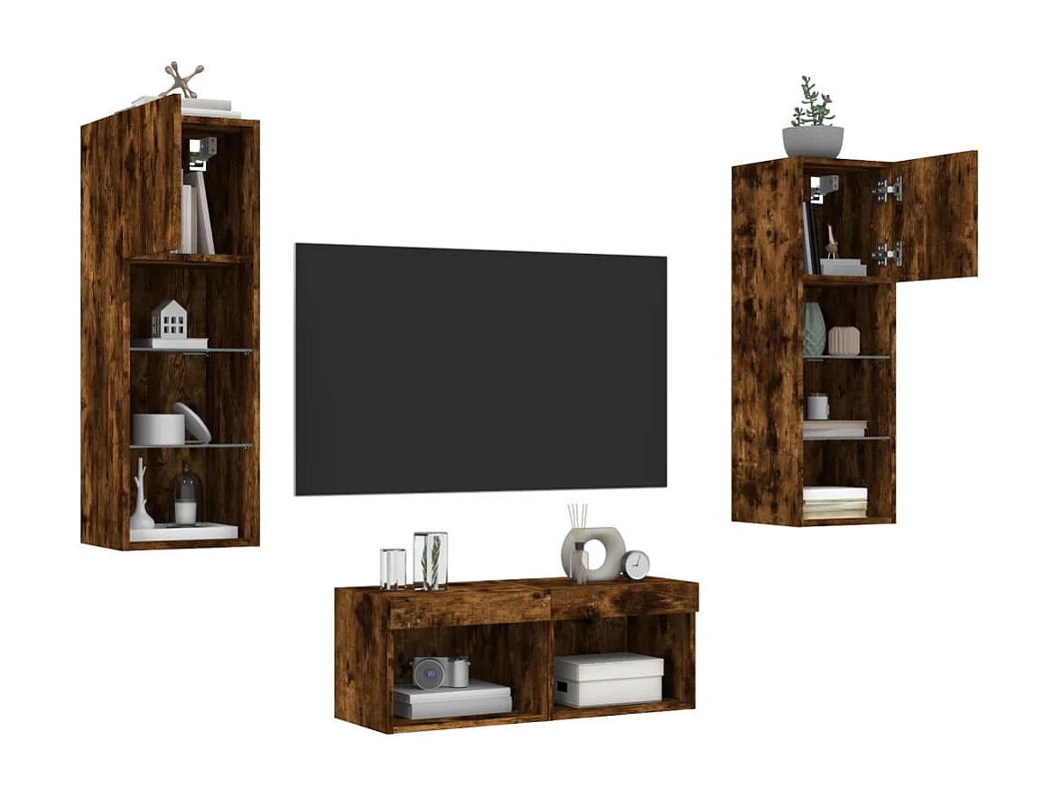 Brisora  4-delige tv-wandmeubelset met LED-verlichting gerookt eiken