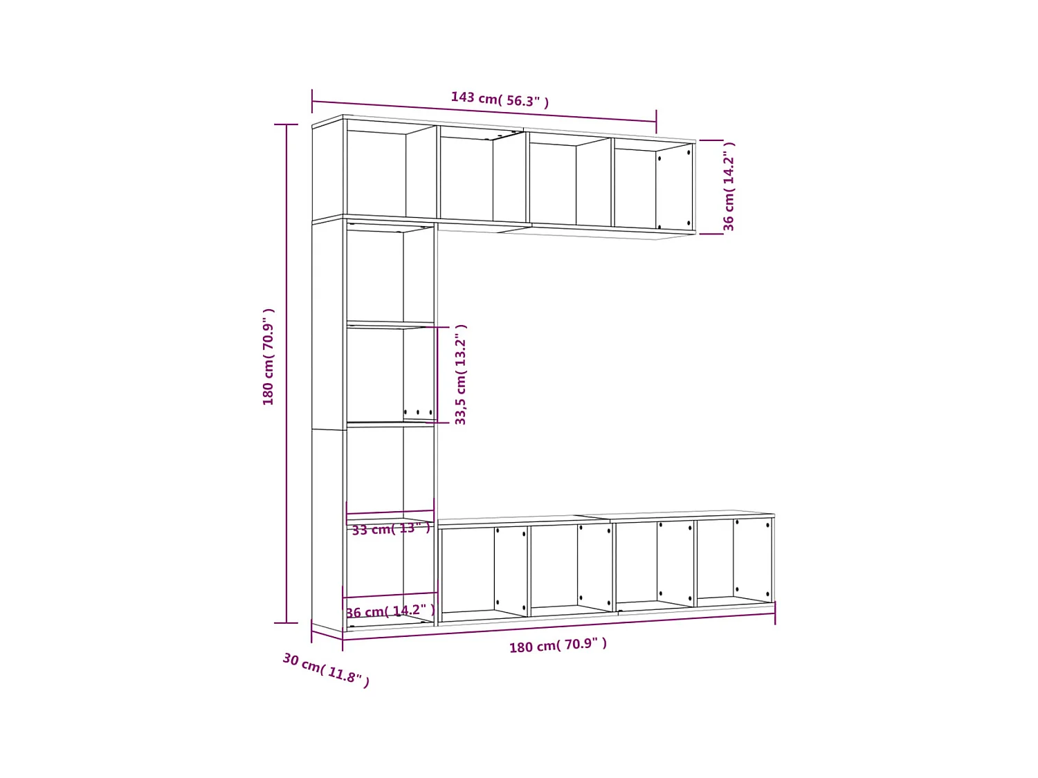 Elida  Ensemble bibliothèque/meuble TV 3 pcs Chêne fumé 180x30x180 cm