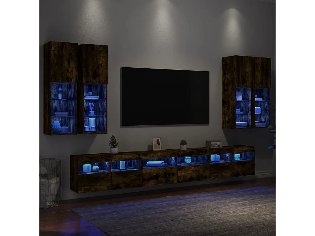 Trinidad  7-delige Tv-wandmeubelset met LED-verlichting gerookt eiken