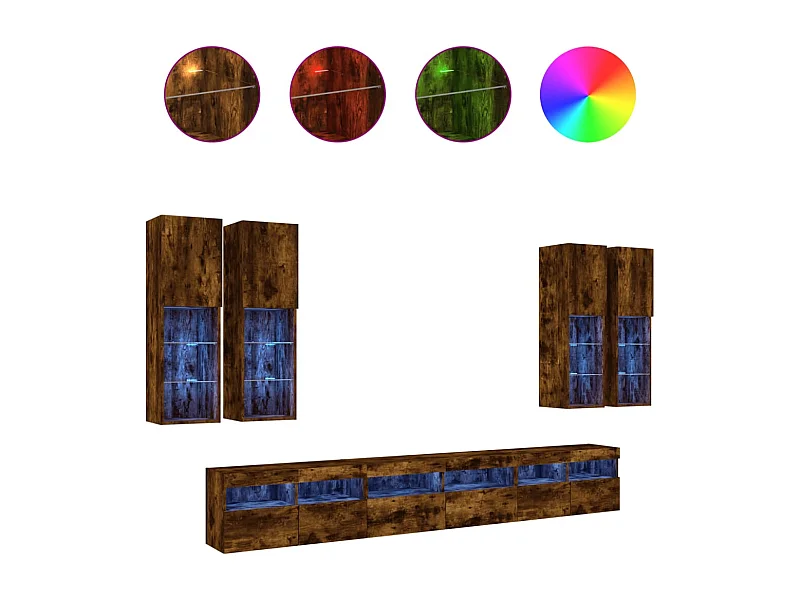 Trinidad  7-delige Tv-wandmeubelset met LED-verlichting gerookt eiken