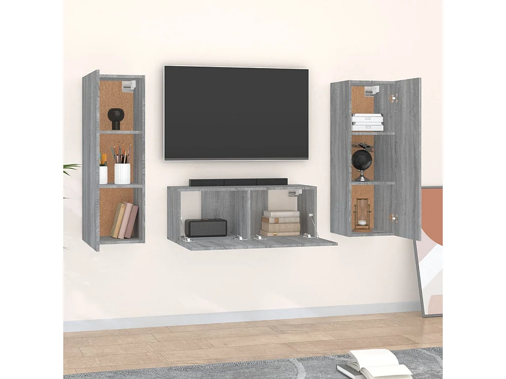 Deadwood  3-delige Tv-meubelset bewerkt hout grijs sonoma eikenkleurig