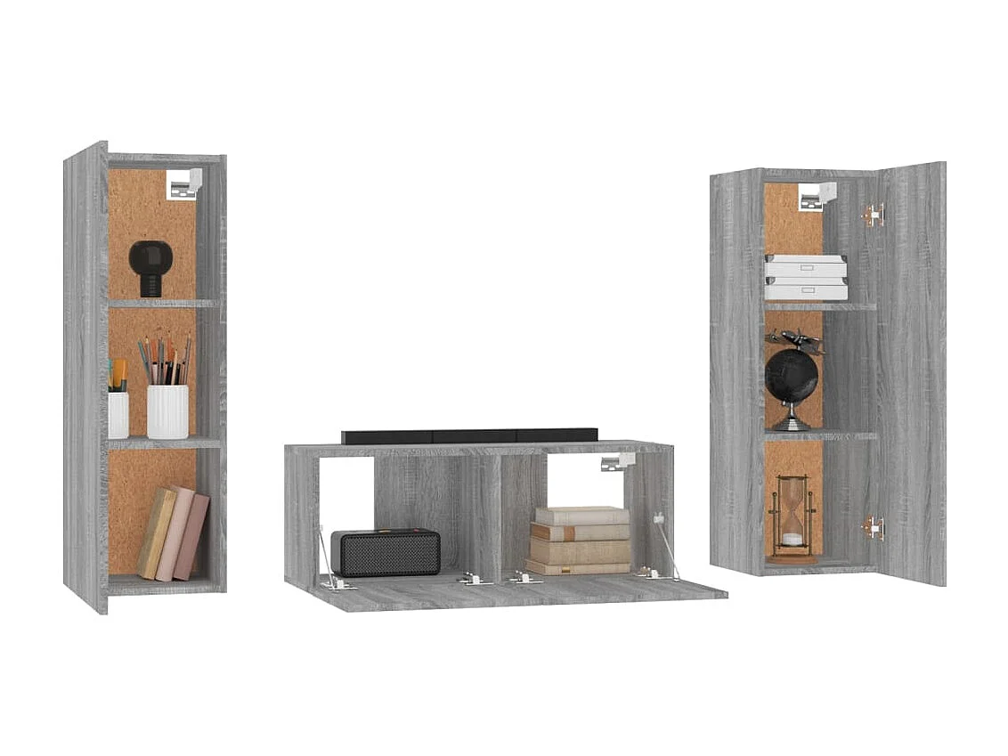 Deadwood  3-delige Tv-meubelset bewerkt hout grijs sonoma eikenkleurig