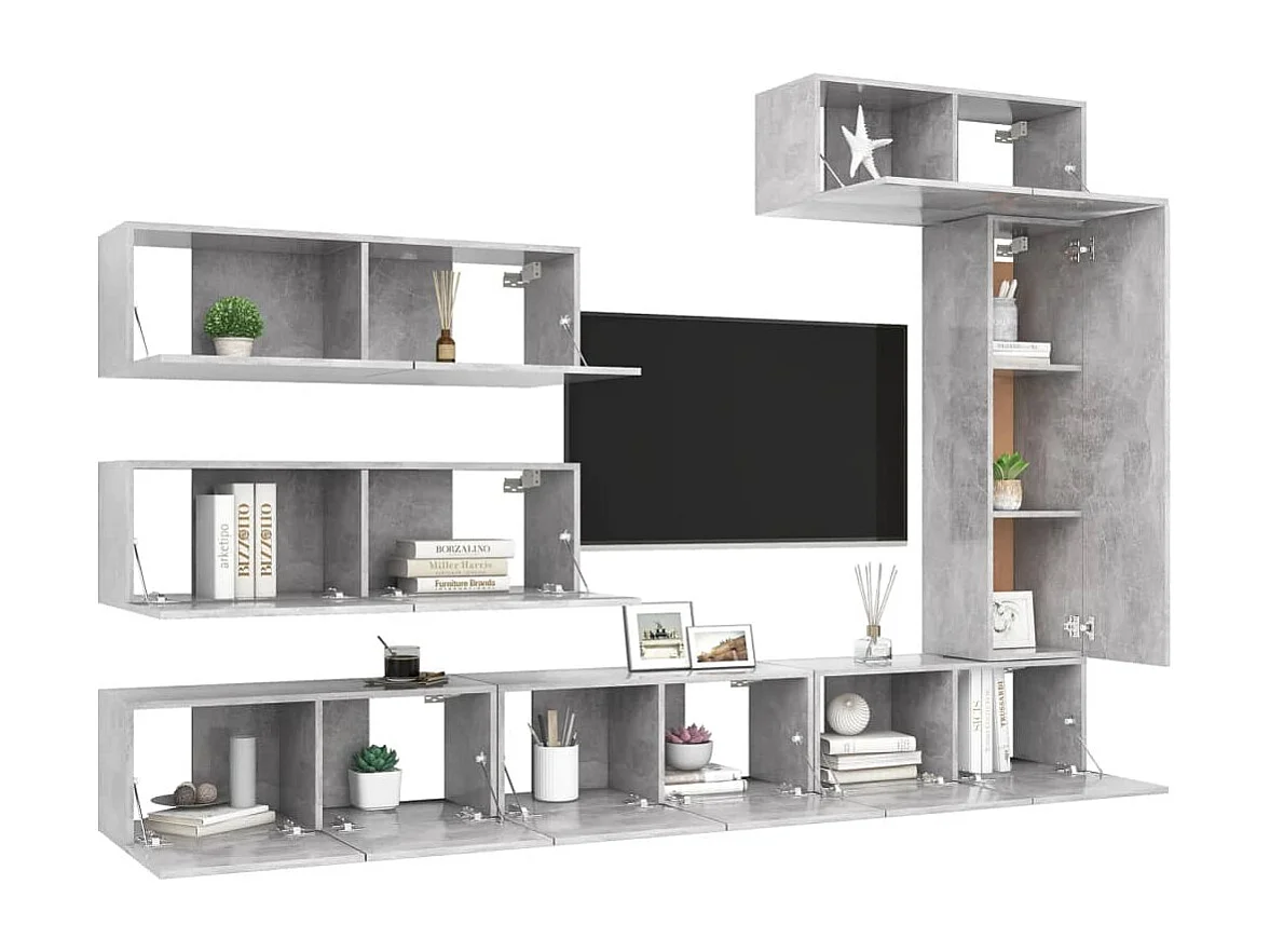 Lois  7-delige Tv-meubelset bewerkt hout betongrijs