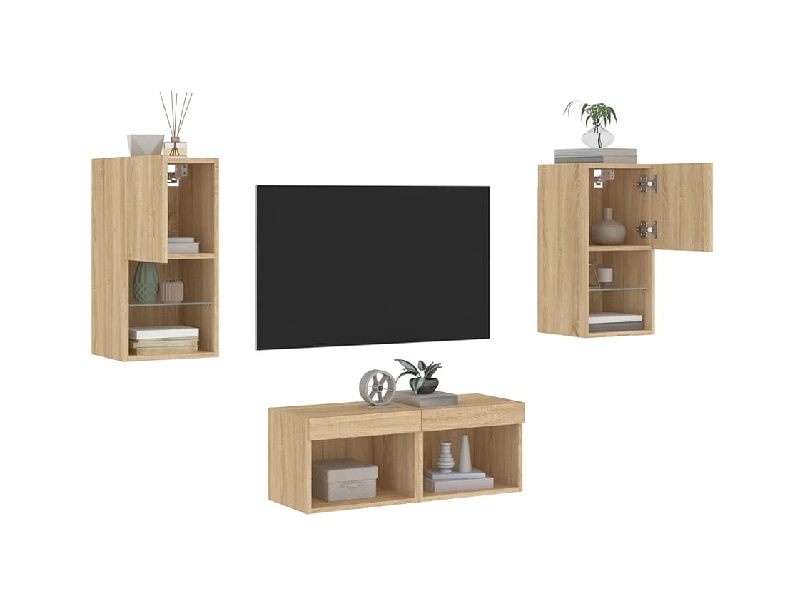 Cecilia Fernanda  Meuble TV muraux 4 pcs avec lumières LED chêne sonoma