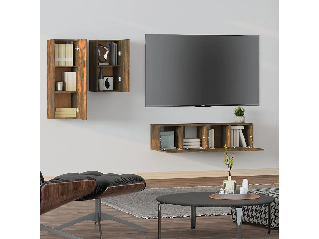 Maria  4-delige Tv-meubelset bewerkt hout gerookt eikenkleurig
