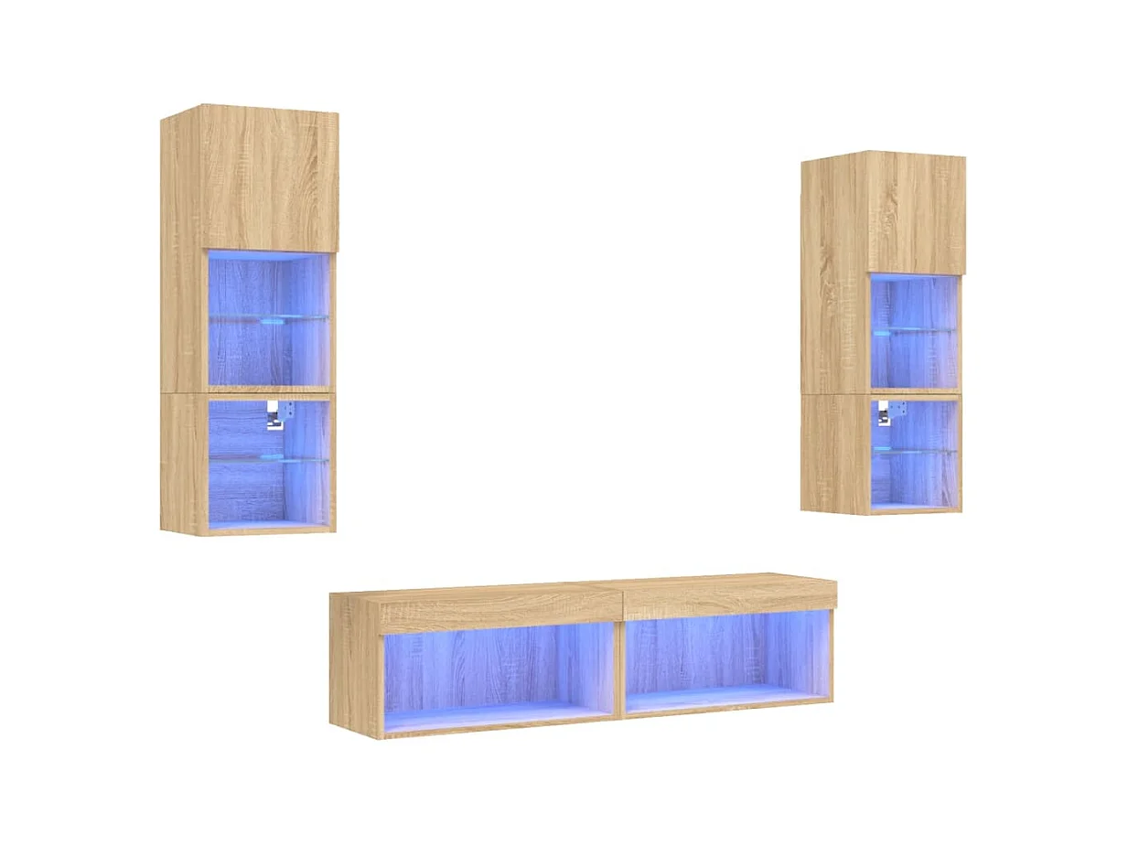 Volar  6-delige Tv-wandmeubelset met LED bewerkt hout sonoma eiken