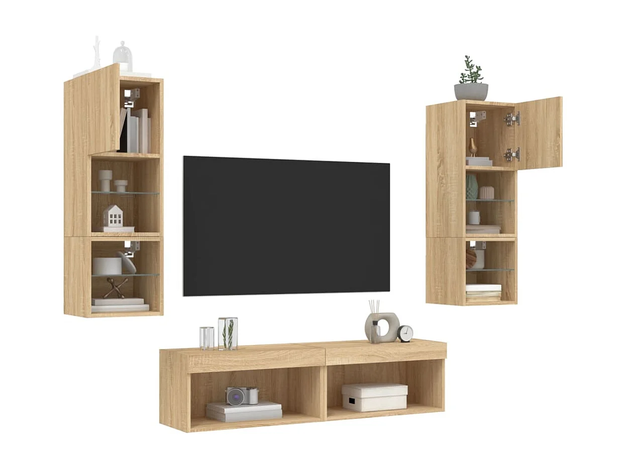 Volar  6-delige Tv-wandmeubelset met LED bewerkt hout sonoma eiken