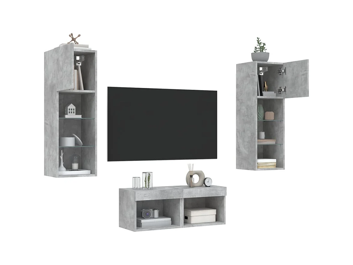 Brisora  Meuble TV muraux 4 pcs avec lumières LED gris béton