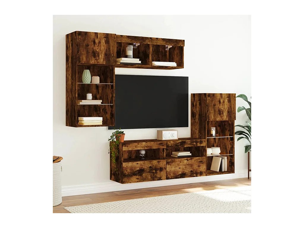Grynti  Unités murales TV avec LED 5 pcs chêne fumé bois d'ingénierie