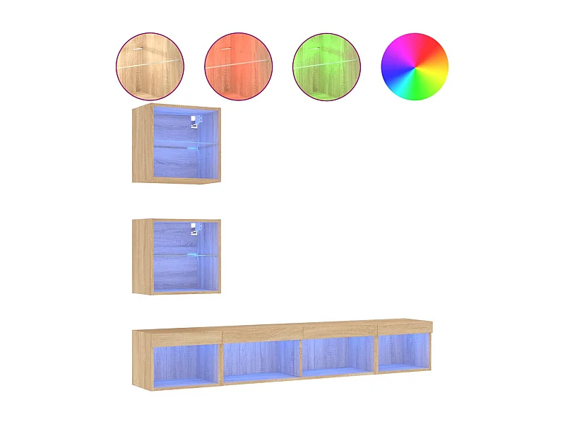 Anthea  5-delige Tv-wandmeubelset met LED bewerkt hout sonoma eiken