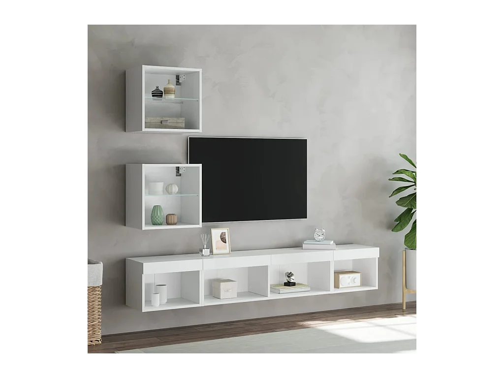 Anthea  Unités murales TV avec LED 5 pcs blanc bois d'ingénierie