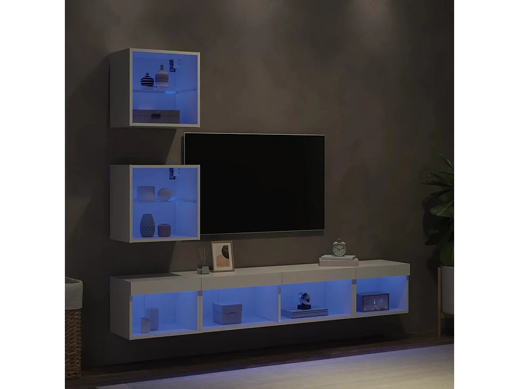 Anthea  Unités murales TV avec LED 5 pcs blanc bois d'ingénierie