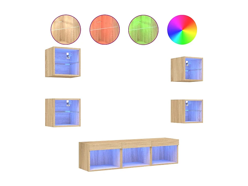 Coolgreany  Muebles TV pared con LED 7 pzas madera ingeniería roble Sonoma