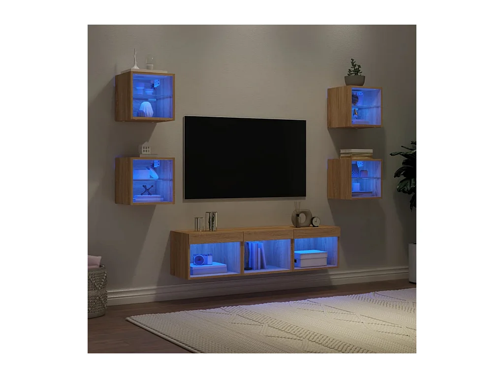 Coolgreany  Unités murales TV avec LED 7 pcs chêne sonoma bois d'ingénierie