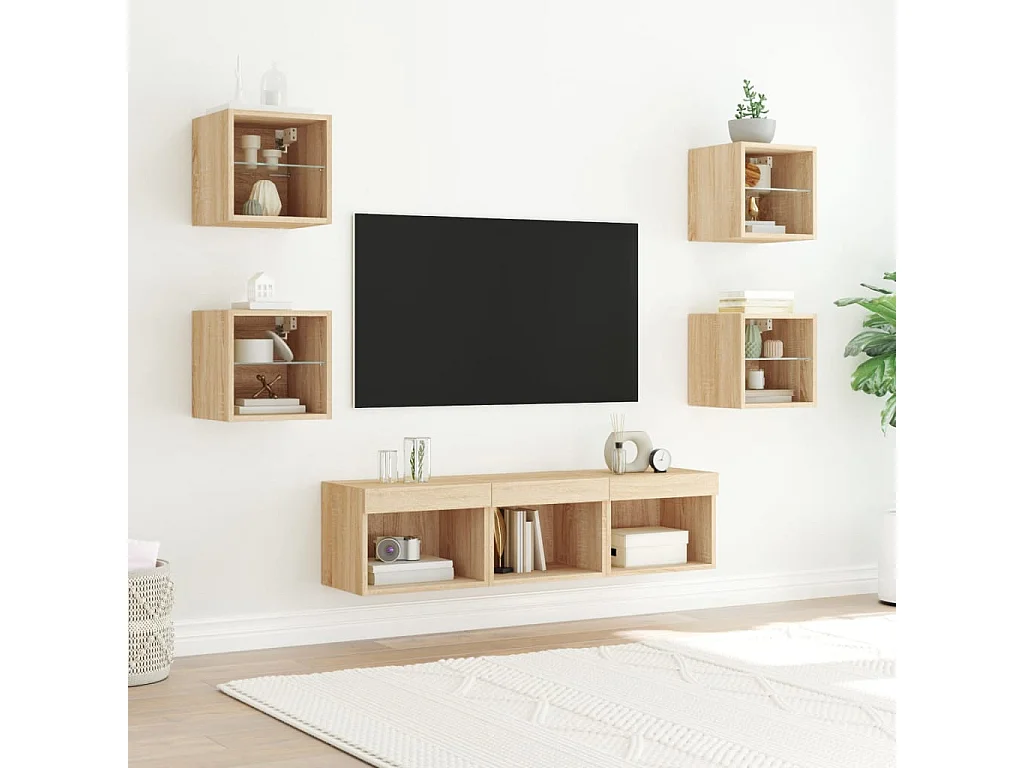 Coolgreany  Unités murales TV avec LED 7 pcs chêne sonoma bois d'ingénierie