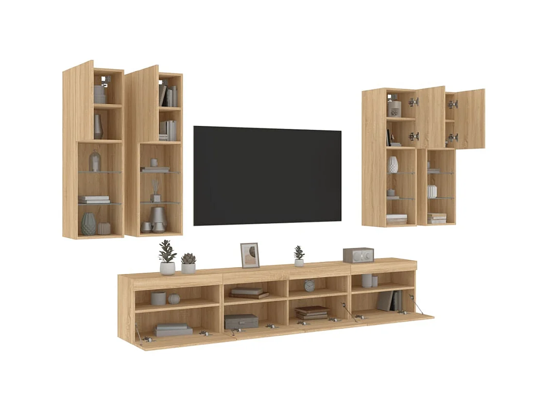Niklas  Ensemble de meubles TV muraux 7pcs et lumières LED chêne sonoma