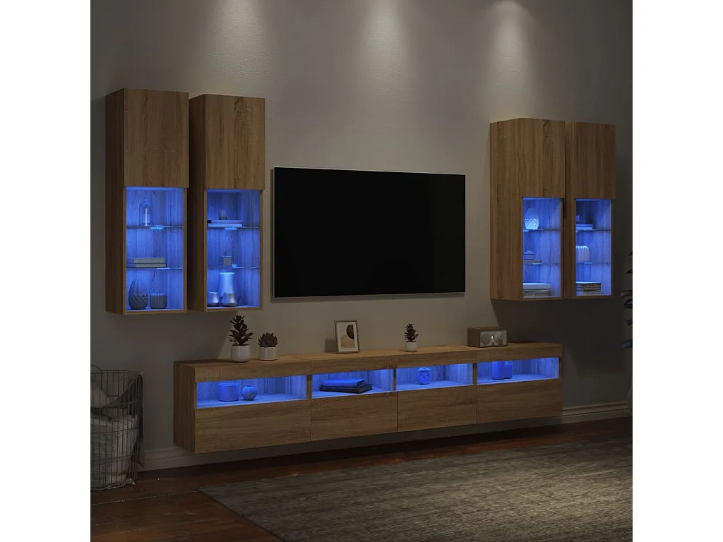 Niklas  7-delige Tv-wandmeubelset met LED-verlichting sonoma eikenkleur