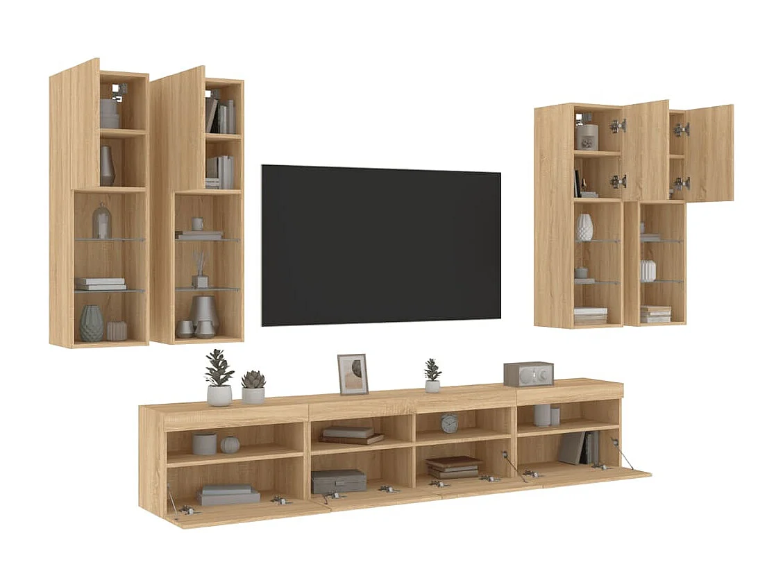 Niklas  7-delige Tv-wandmeubelset met LED-verlichting sonoma eikenkleur