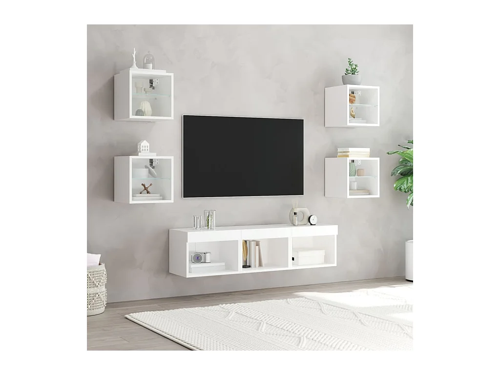 Coolgreany  Unités murales TV avec LED 7 pcs blanc bois d'ingénierie