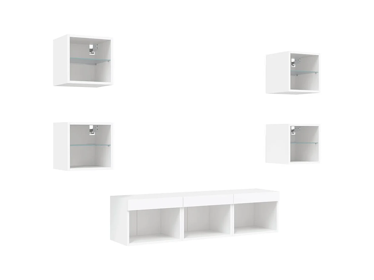 Coolgreany  Unités murales TV avec LED 7 pcs blanc bois d'ingénierie