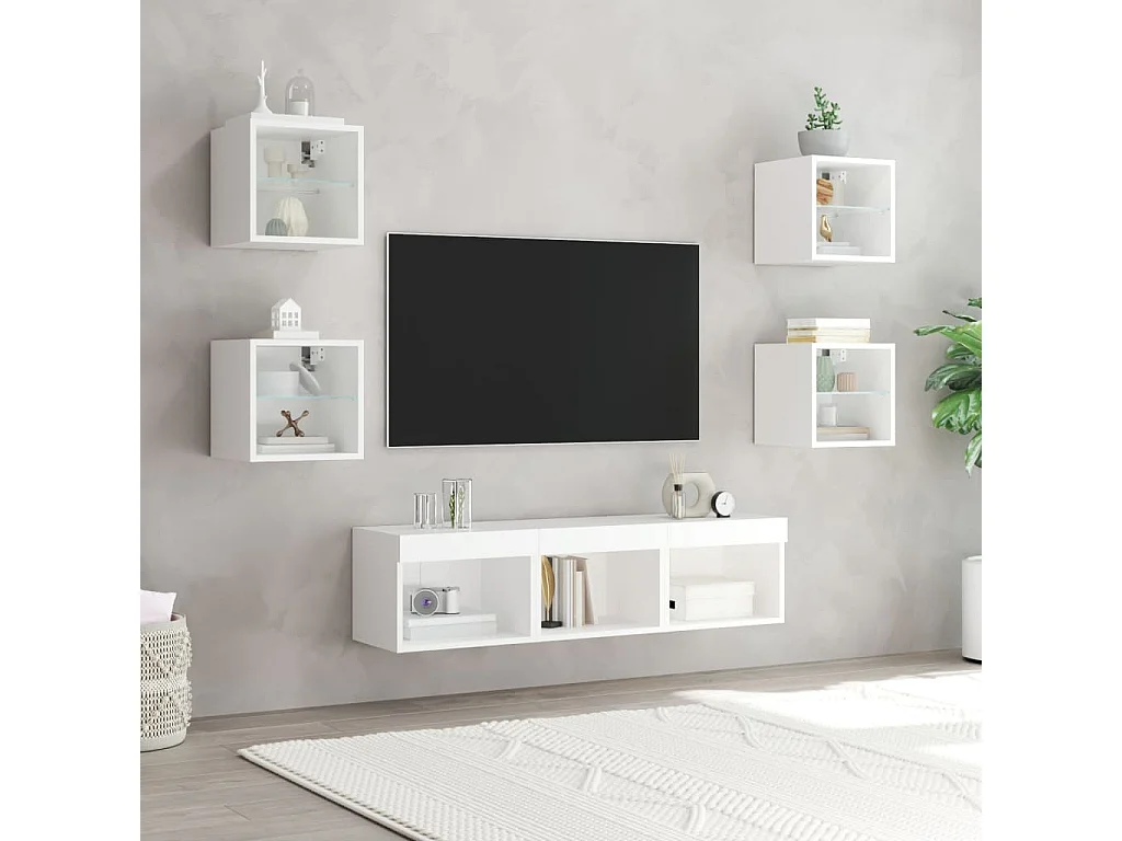 Coolgreany  Unités murales TV avec LED 7 pcs blanc bois d'ingénierie