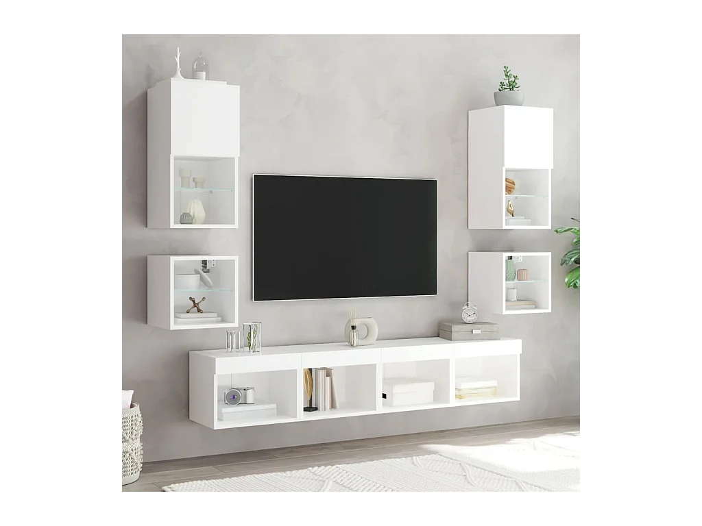 Hässleholm  Unités murales TV avec LED 8 pcs blanc bois d'ingénierie