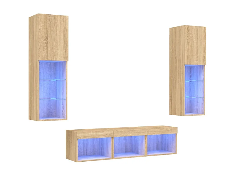 Sofia  5-delige Tv-wandmeubelset met LED bewerkt hout sonoma eiken